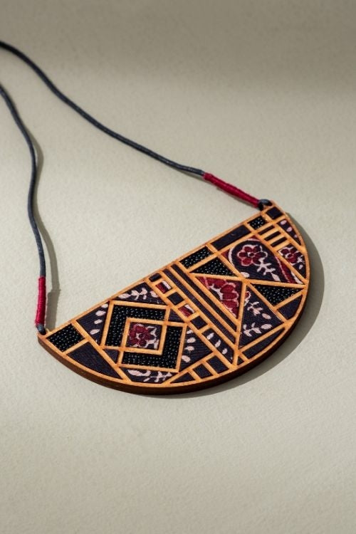 Whe Black Upcycled Ajrakh Fabric And Repurposed Wood Maze Necklace
