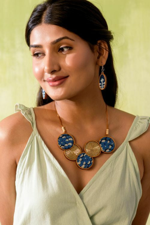 Whe Blue Connected Circle Upcycled Fabric And Repurposed Wood Necklace