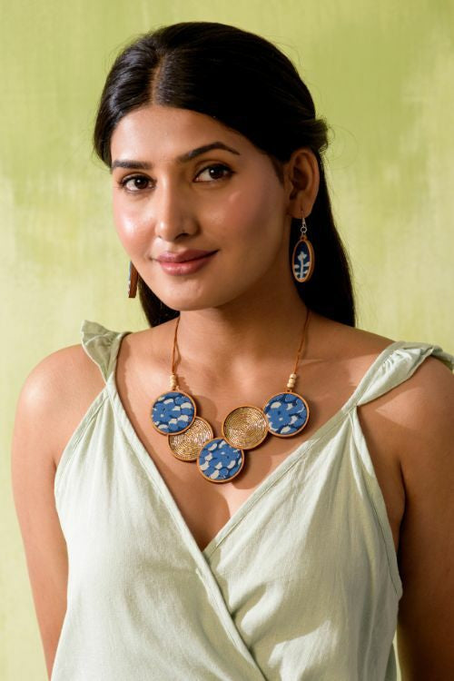 Whe Blue Connected Circle Upcycled Fabric And Repurposed Wood Necklace