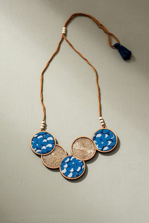 Whe Blue Connected Circle Upcycled Fabric And Repurposed Wood Necklace