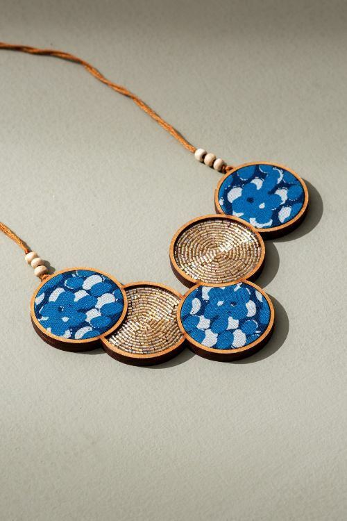 Whe Blue Connected Circle Upcycled Fabric And Repurposed Wood Necklace