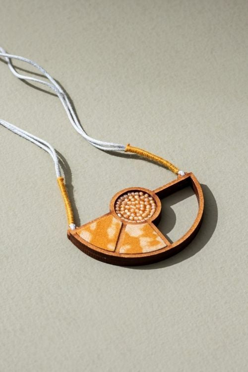 Whe Yellow Geometrical Repurposed Fabric And Wood Adjustable Pendant Necklace