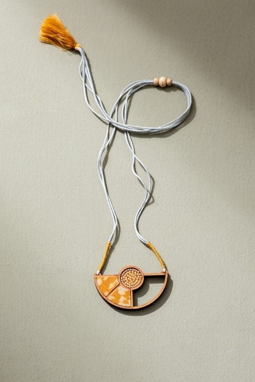 Whe Yellow Geometrical Repurposed Fabric And Wood Adjustable Pendant Necklace
