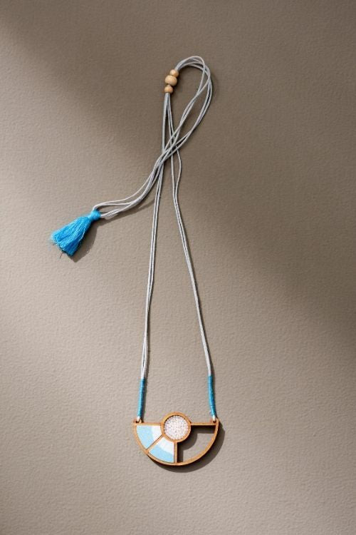 Whe Blue And White Geometrical Repurposed Fabric And Wood Adjustable Pendant Necklace