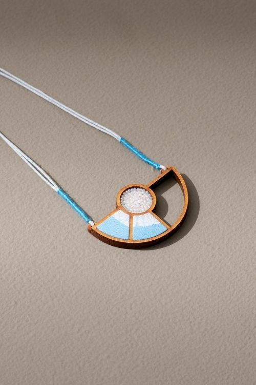 Whe Blue And White Geometrical Repurposed Fabric And Wood Adjustable Pendant Necklace