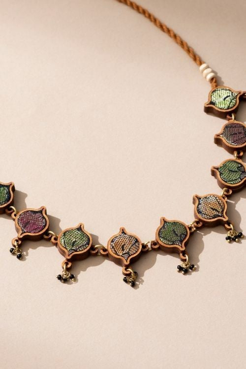 Whe Multicolor Festive Upcycled Fabric And Repurposed Wood Choker Necklace