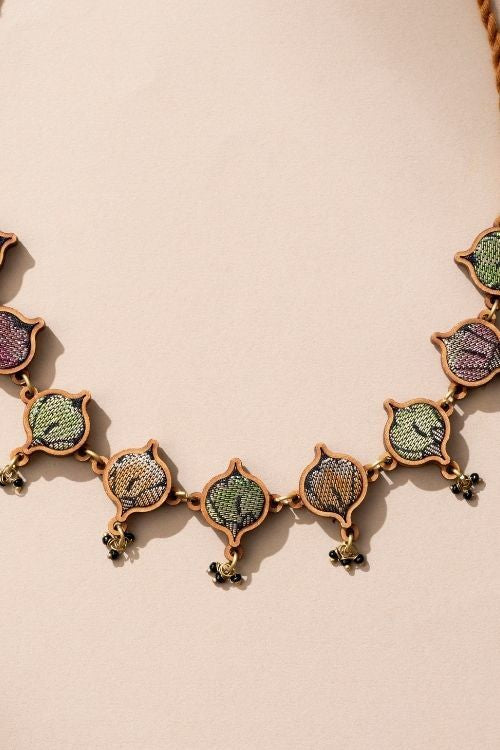 Whe Multicolor Festive Upcycled Fabric And Repurposed Wood Choker Necklace