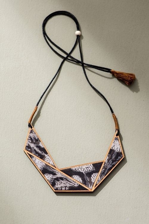 Whe Black And Beige Kalamkari Repurposed Fabric And Wood Connecting Triangle Adjustable Necklace