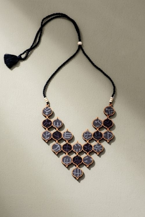 Whe Grey Tribal Motives Repurposed Fabric And Wood Statement Necklace With Adjustable Length