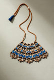 Whe Blue Wave Pattern Kalamkari Upcycled Fabric And Repurposed Wood Necklace