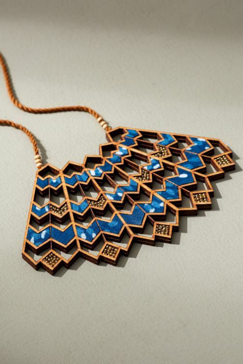 Whe Blue Wave Pattern Kalamkari Upcycled Fabric And Repurposed Wood Necklace