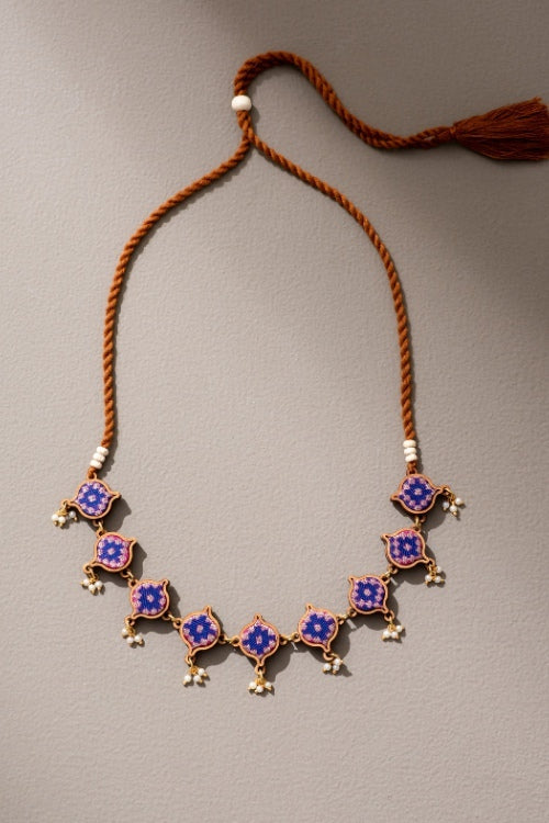 Whe Blue Brocade Festive Repurposed Fabric & Wood Adjustable Necklace