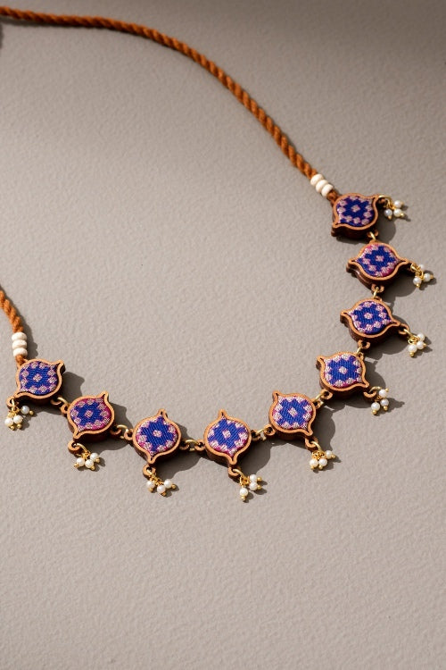 Whe Blue Brocade Festive Repurposed Fabric & Wood Adjustable Necklace