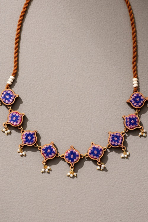 Whe Blue Brocade Festive Repurposed Fabric & Wood Adjustable Necklace