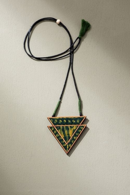 Whe Green Batik Triangular Adjustable Pendant Made Of Repurposed Fabric And Wood