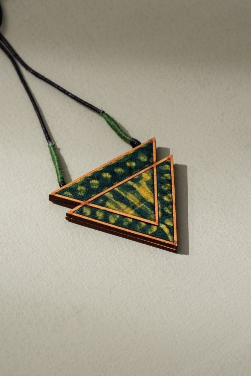 Whe Green Batik Triangular Adjustable Pendant Made Of Repurposed Fabric And Wood