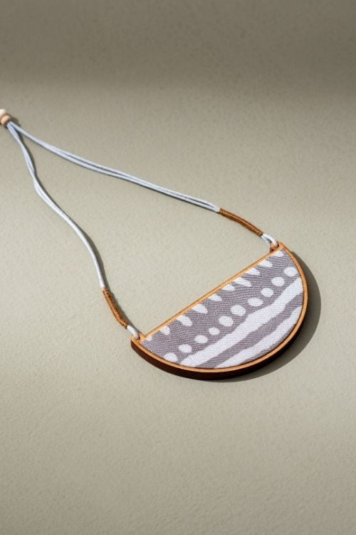 Whe Grey Line Repurposed Fabric And Wood Semi Circle Adjustable Pendant