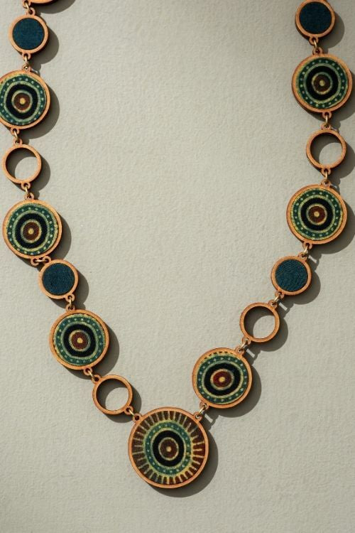 Whe Reversible 2-In-1 Blue Green Repurposed Fabric And Wood Necklace