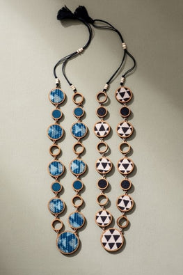 Whe Reversible 2-In-1 Blue Black Repurposed Fabric And Wood Necklace