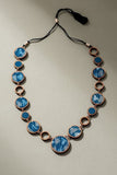 Whe Reversible 2-In-1 Blue Black Repurposed Fabric And Wood Necklace