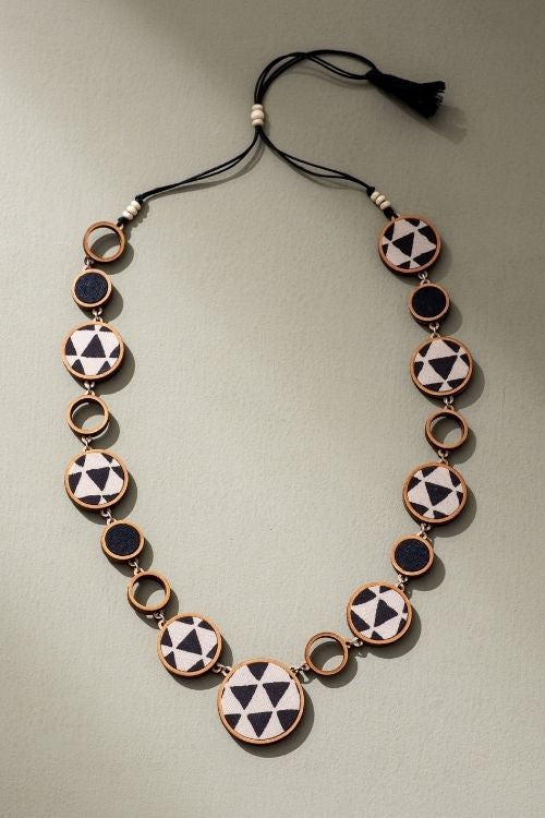 Whe Reversible 2-In-1 Blue Black Repurposed Fabric And Wood Necklace