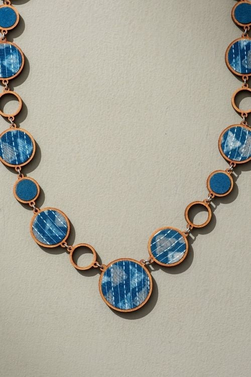 Whe Reversible 2-In-1 Blue Black Repurposed Fabric And Wood Necklace