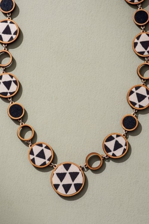 Whe Reversible 2-In-1 Blue Black Repurposed Fabric And Wood Necklace