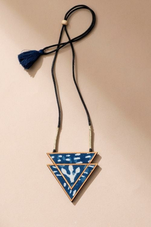 Whe Indigo Upcycled Fabric And Repurposed Wood Triangular Necklace