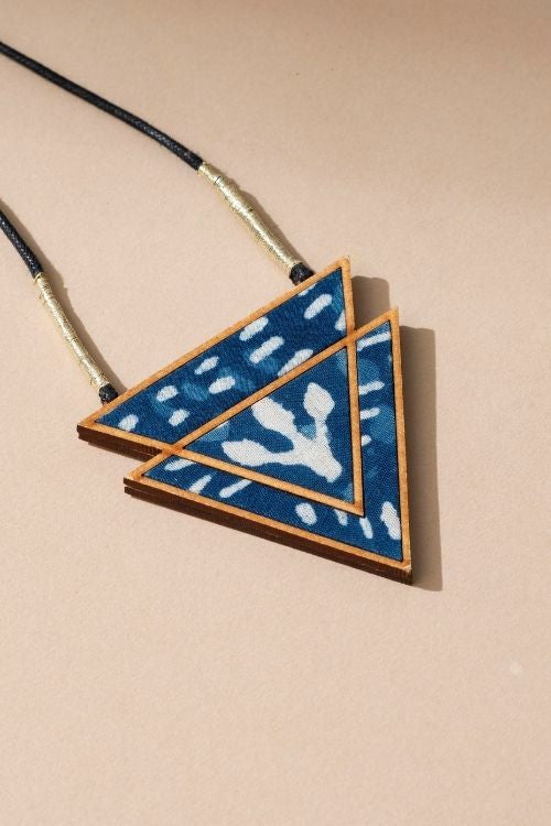 Whe Indigo Upcycled Fabric And Repurposed Wood Triangular Necklace