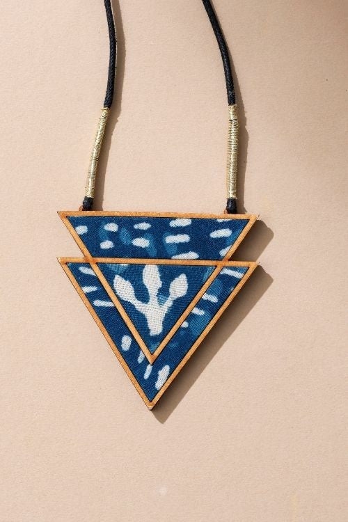 Whe Indigo Upcycled Fabric And Repurposed Wood Triangular Necklace