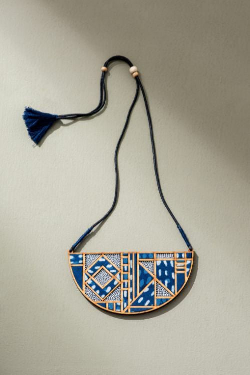 Whe Indigo Upcycled Fabric And Repurposed Wood Maze Necklace
