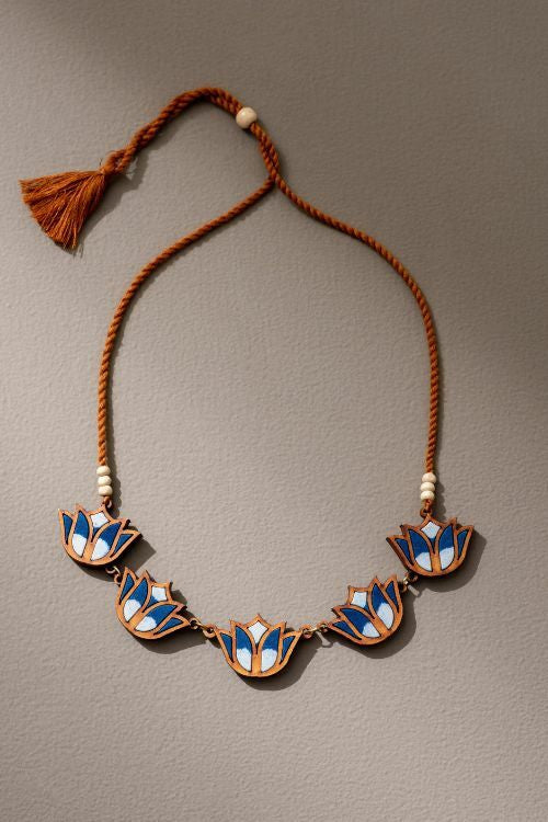 Whe Indigo Bloom Lotus Upcycled Fabric And Repurposed Wood Necklace