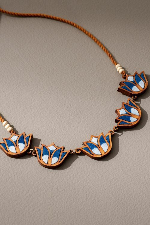 Whe Indigo Bloom Lotus Upcycled Fabric And Repurposed Wood Necklace