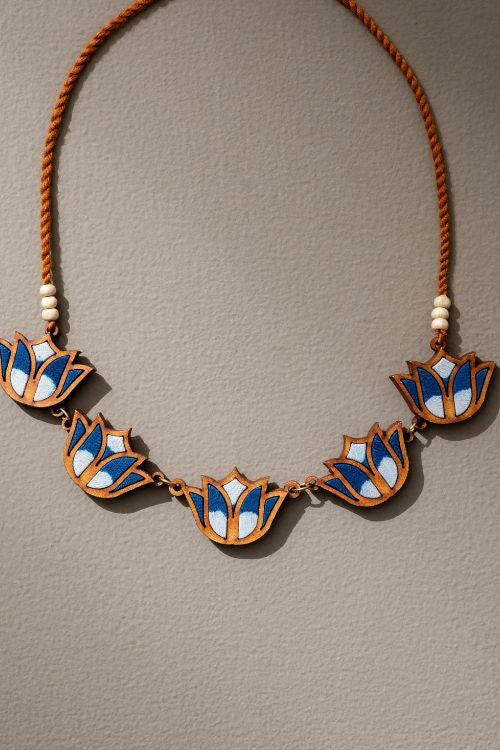 Whe Indigo Bloom Lotus Upcycled Fabric And Repurposed Wood Necklace