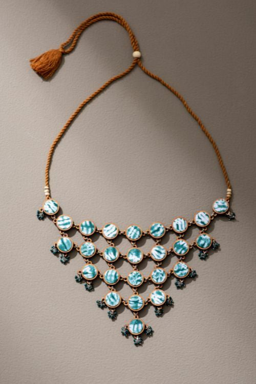 Whe Handcrafted Green Tie And Dye Repurposed Wood And Fabric Choker Necklace