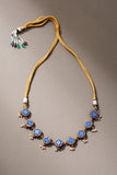 Whe Blue Brocade Festive Repurposed Fabric & Wood Adjustable Necklace