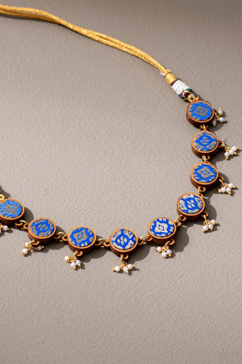 Whe Blue Brocade Festive Repurposed Fabric & Wood Adjustable Necklace