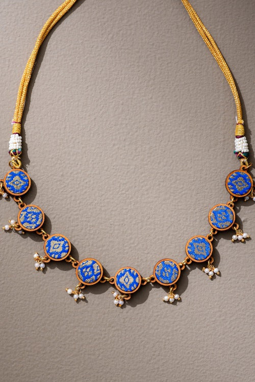 Whe Blue Brocade Festive Repurposed Fabric & Wood Adjustable Necklace