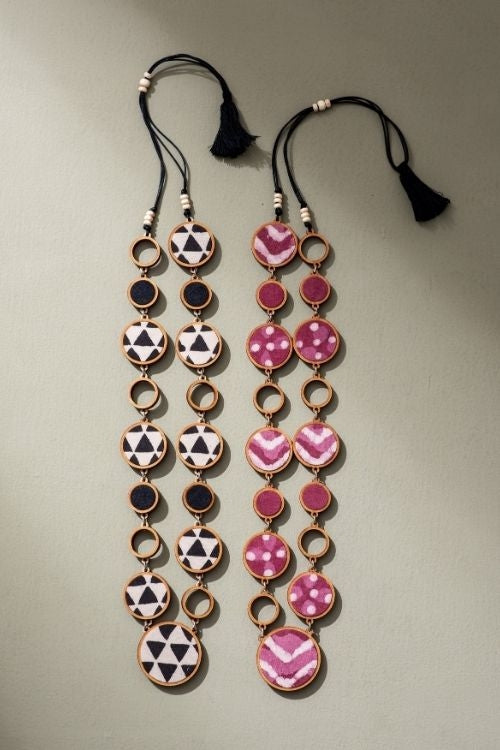 Whe Reversible 2-In-1 Pink Black Repurposed Fabric And Wood Necklace