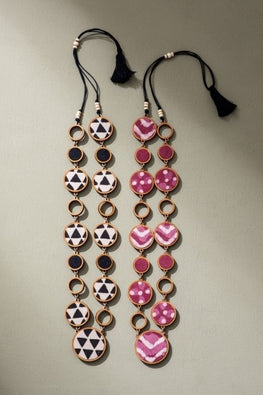 Whe Reversible 2-In-1 Pink Black Repurposed Fabric And Wood Necklace