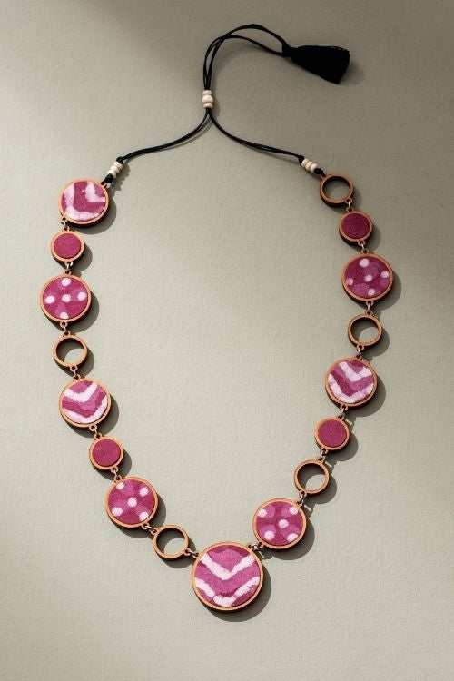 Whe Reversible 2-In-1 Pink Black Repurposed Fabric And Wood Necklace