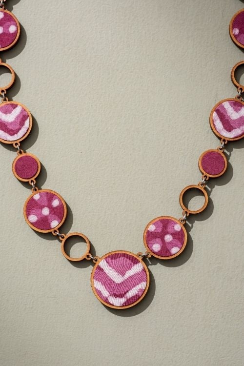 Whe Reversible 2-In-1 Pink Black Repurposed Fabric And Wood Necklace