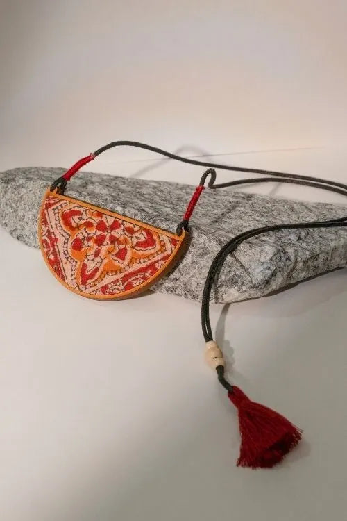 WHE Red Repurposed Kalamkari Fabric And Repurposed Wood Pendant
