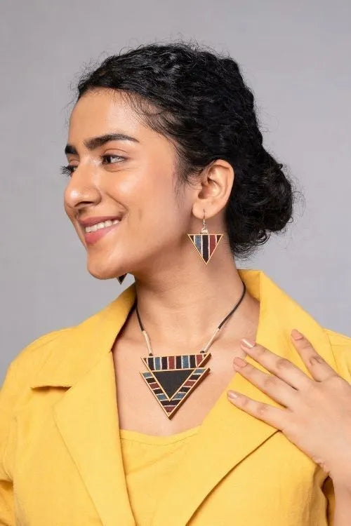 WHE Black Ajrakh Repurposed Fabric And Wood Triangular Necklace