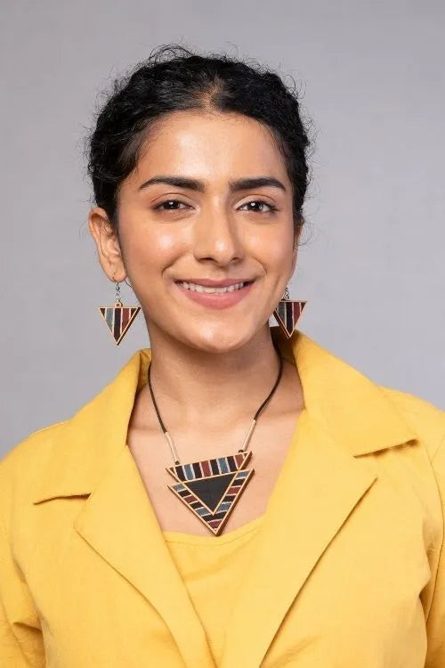 WHE Black Ajrakh Repurposed Fabric And Wood Triangular Necklace
