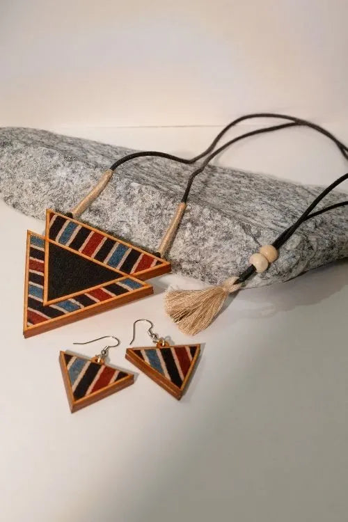 WHE Black Ajrakh Repurposed Fabric And Wood Triangular Necklace