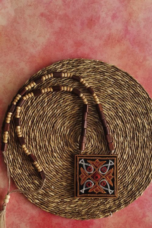 WHE Hand Embroidered Maroon And Mustard Pendant  Necklace With Wooden Beaded String