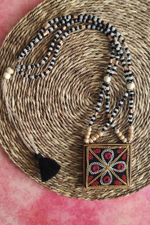 WHE Hand Embroidered Red And Yellow Pendant  Necklace With Beaded String