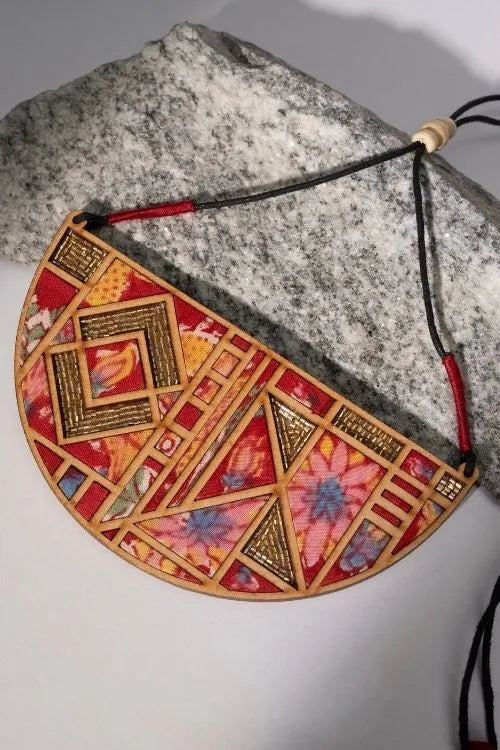 WHE Floral Half Moon Multicolor Repurposed Fabric And Wood Necklace