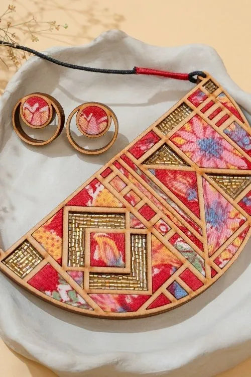 WHE Floral Half Moon Multicolor Repurposed Fabric And Wood Necklace